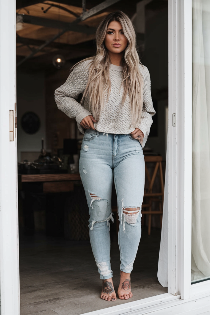 White waffle-knit sweater with denim
