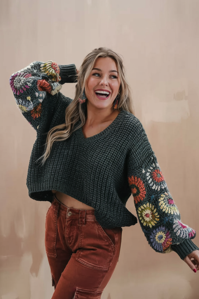 Cropped floral knit sweater