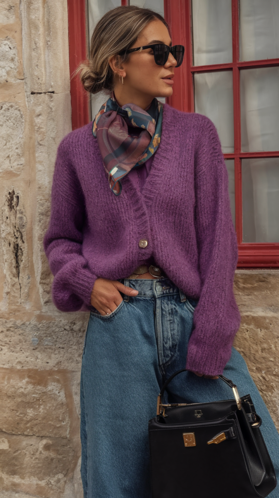 Purple cardigan with structured denim