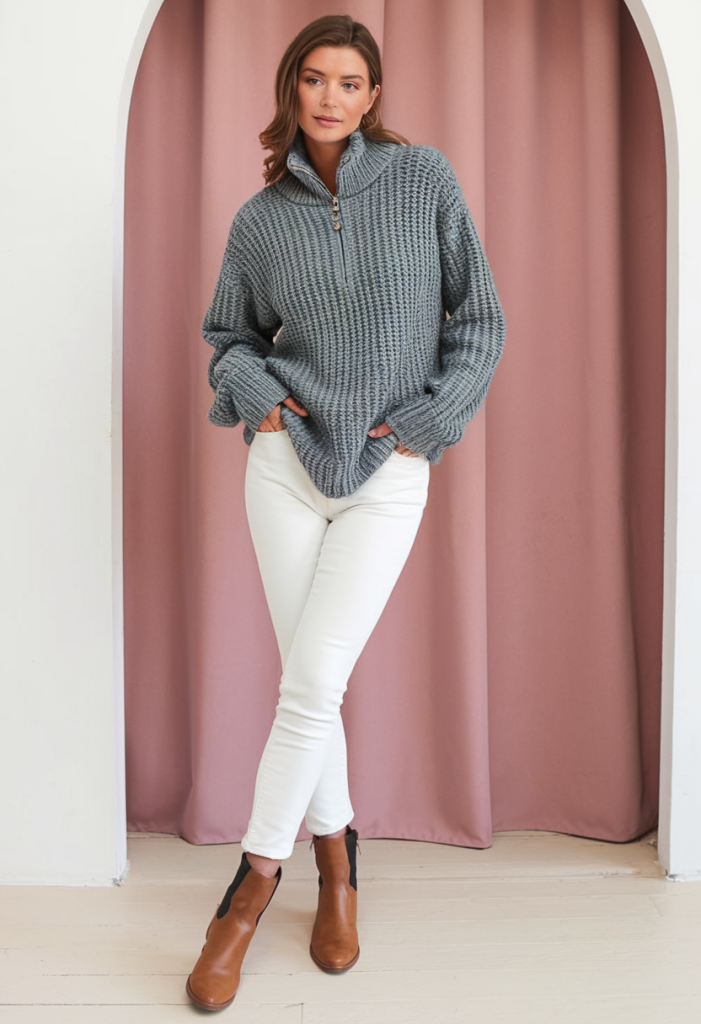 Grey half-zip sweater with white jeans