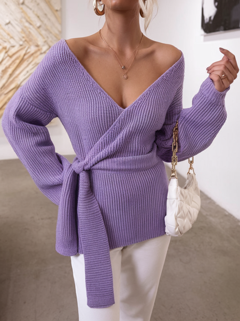 Lavender wrap-style knit sweater