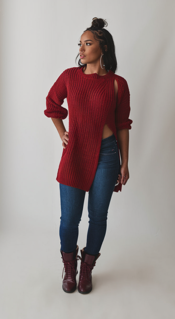 Red chunky sweater with edgy cut