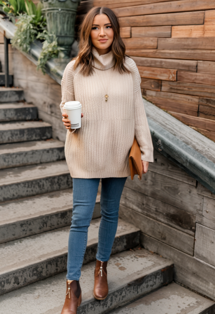 Neutral-toned knit sweater with skinny jeans