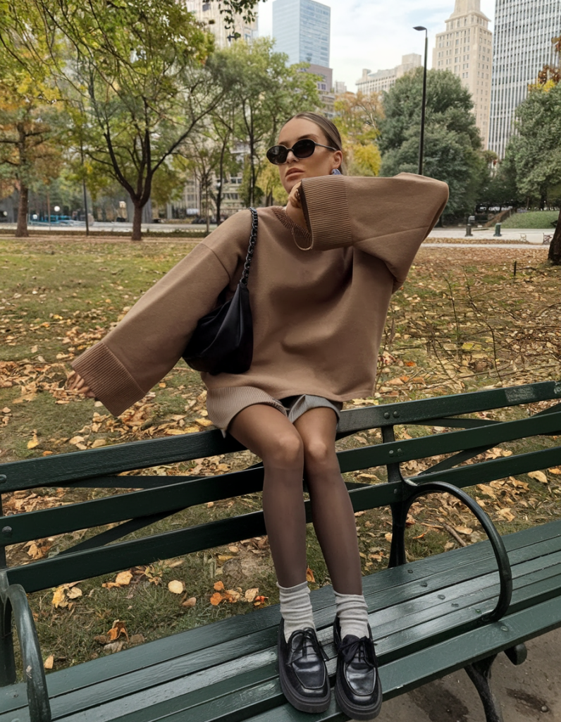Brown oversized sweater with mini skirt