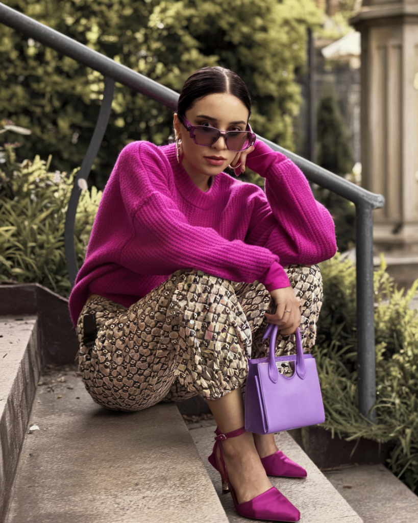 Bright pink sweater with patterned skirt