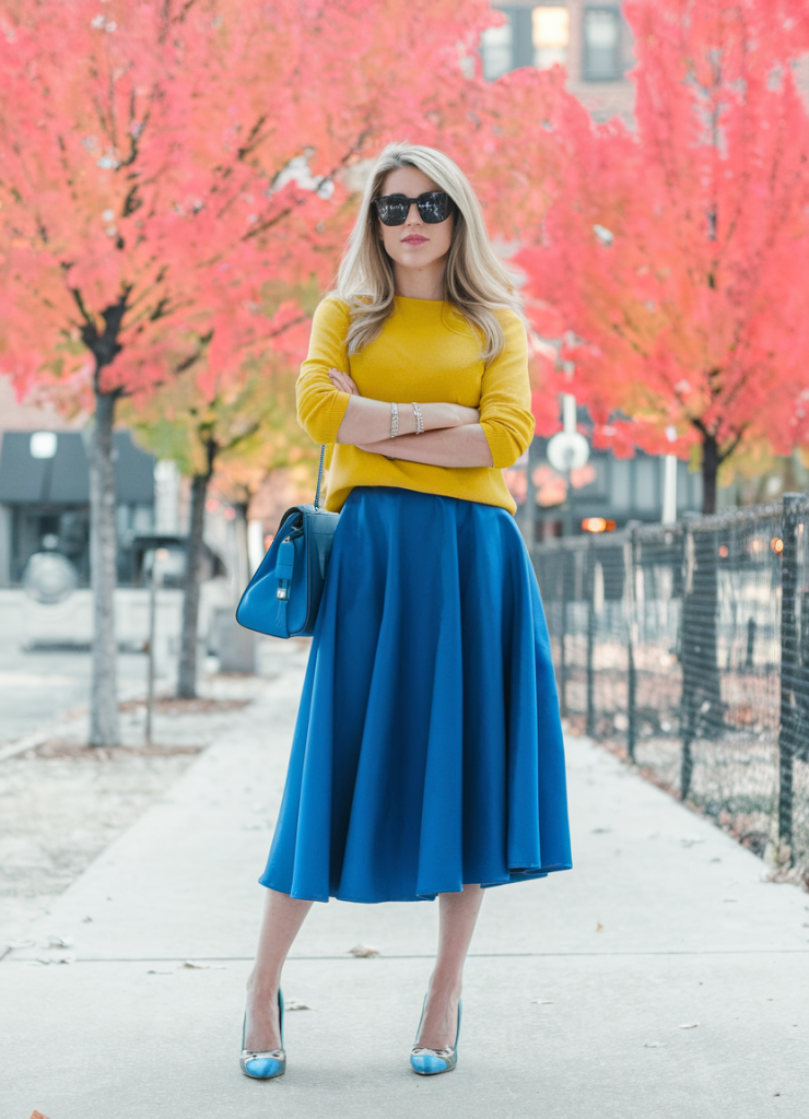 Yellow and blue color-blocked sweater outfit