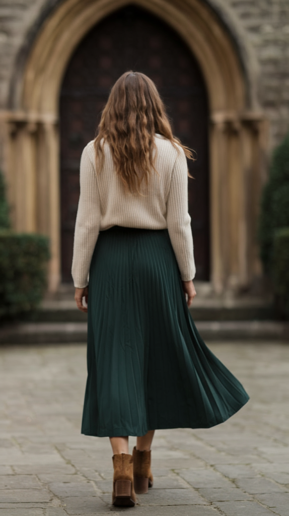 White sweater with dark green pleated skirt