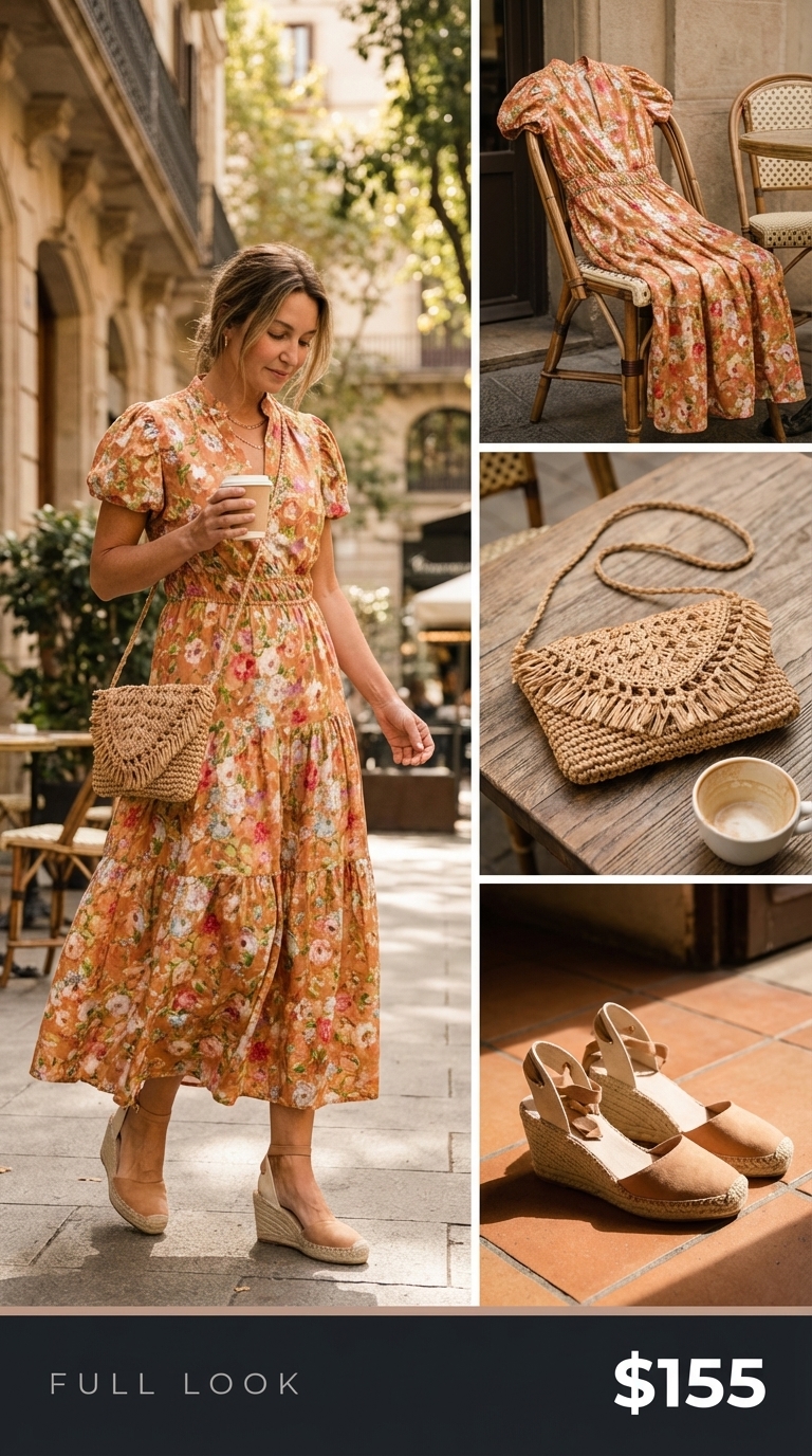 Boho birthday dresses 2026 for a brunch or outdoor party featuring a terracotta floral maxi dress, espadrille wedges, and a woven straw bag.