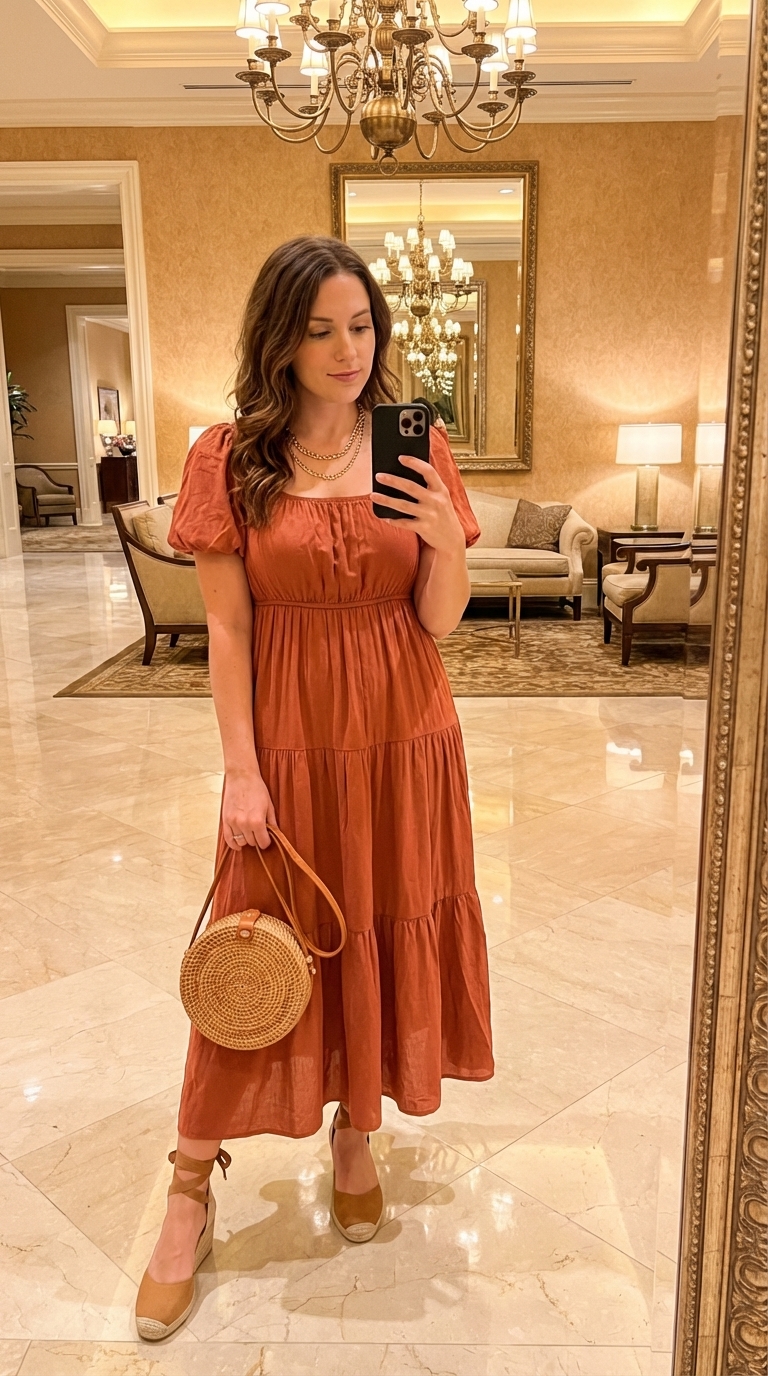 Boho luxe terracotta tiered maxi birthday dress with puff sleeves, styled with a straw bag, espadrille wedges, and layered gold necklaces, ideal for a birthday brunch. Discover earthy birthday dresses 2026.