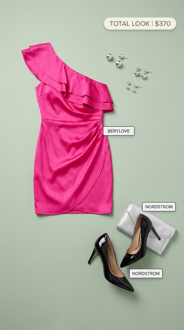 Bold ruffle birthday dresses 2026 for a club or dinner, featuring a hot pink one-shoulder mini dress, black pumps, and a silver clutch.