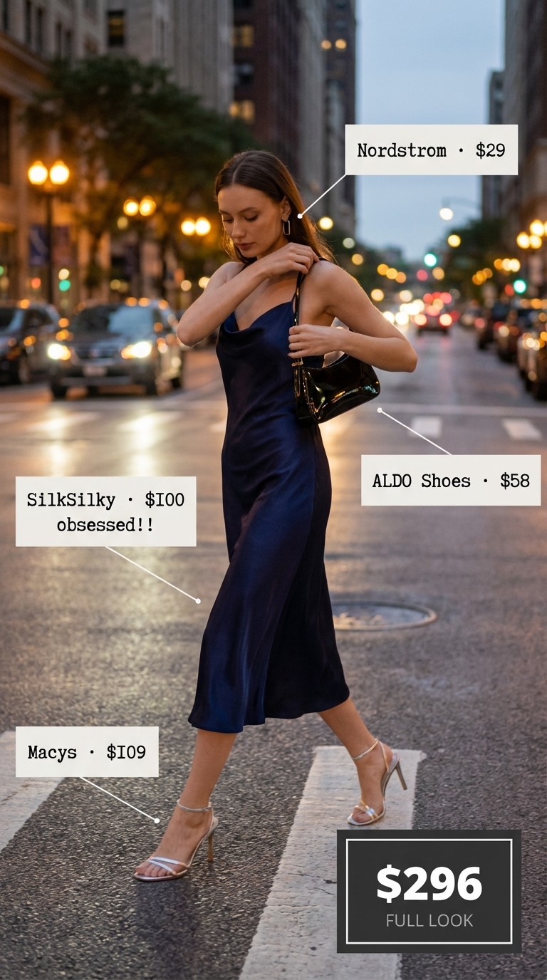 Chic navy blue satin slip midi birthday dress with a cowl neck, accessorized with a black mini baguette bag, silver geometric hoop earrings, and metallic strappy stilettos, suitable for a cocktail party. Find sophisticated birthday dresses 2026.