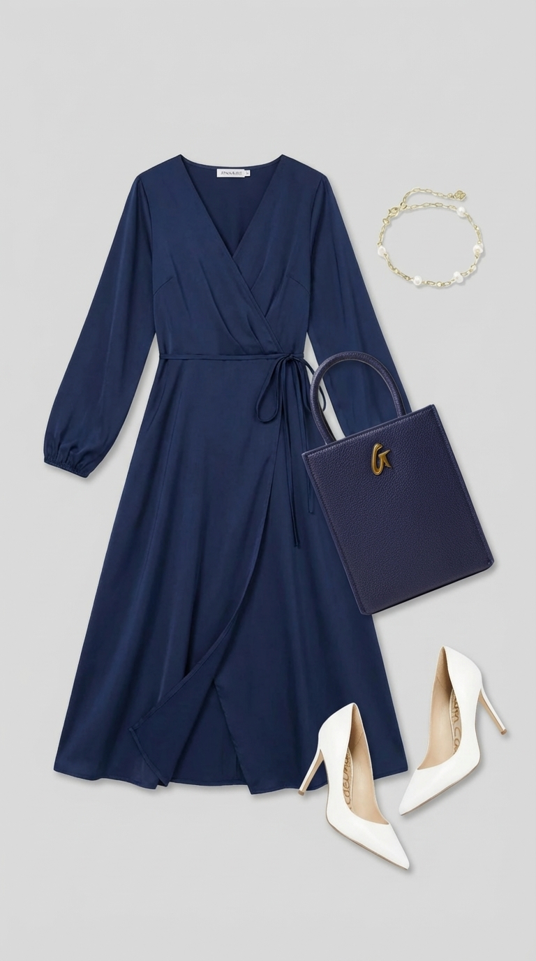 Sophisticated city birthday dresses 2026 for a business dinner, featuring a navy wrap midi dress, white pumps, and a gold bracelet.