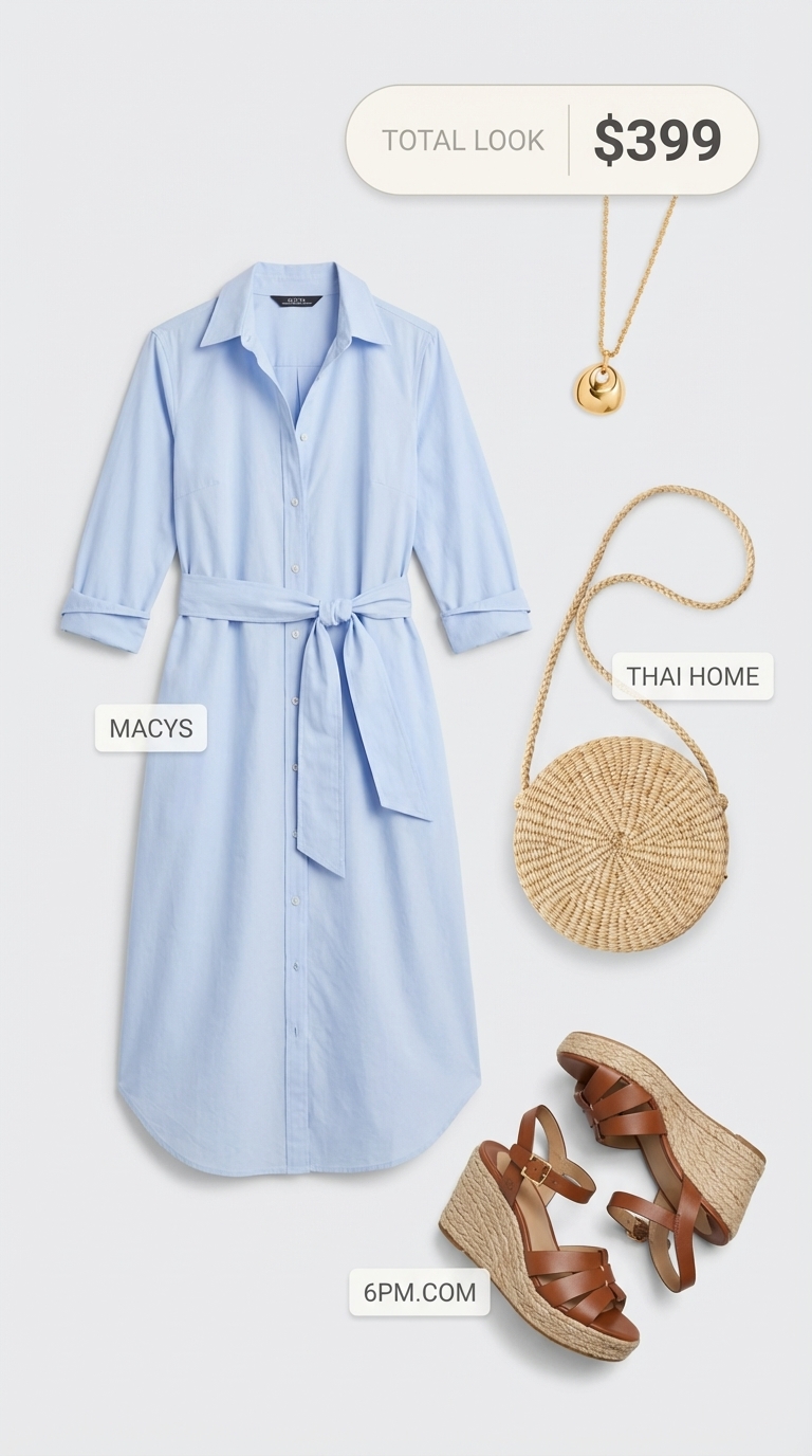 Effortless garden party birthday dresses 2026 featuring a sky blue shirtdress, espadrille sandals, and a straw crossbody bag.
