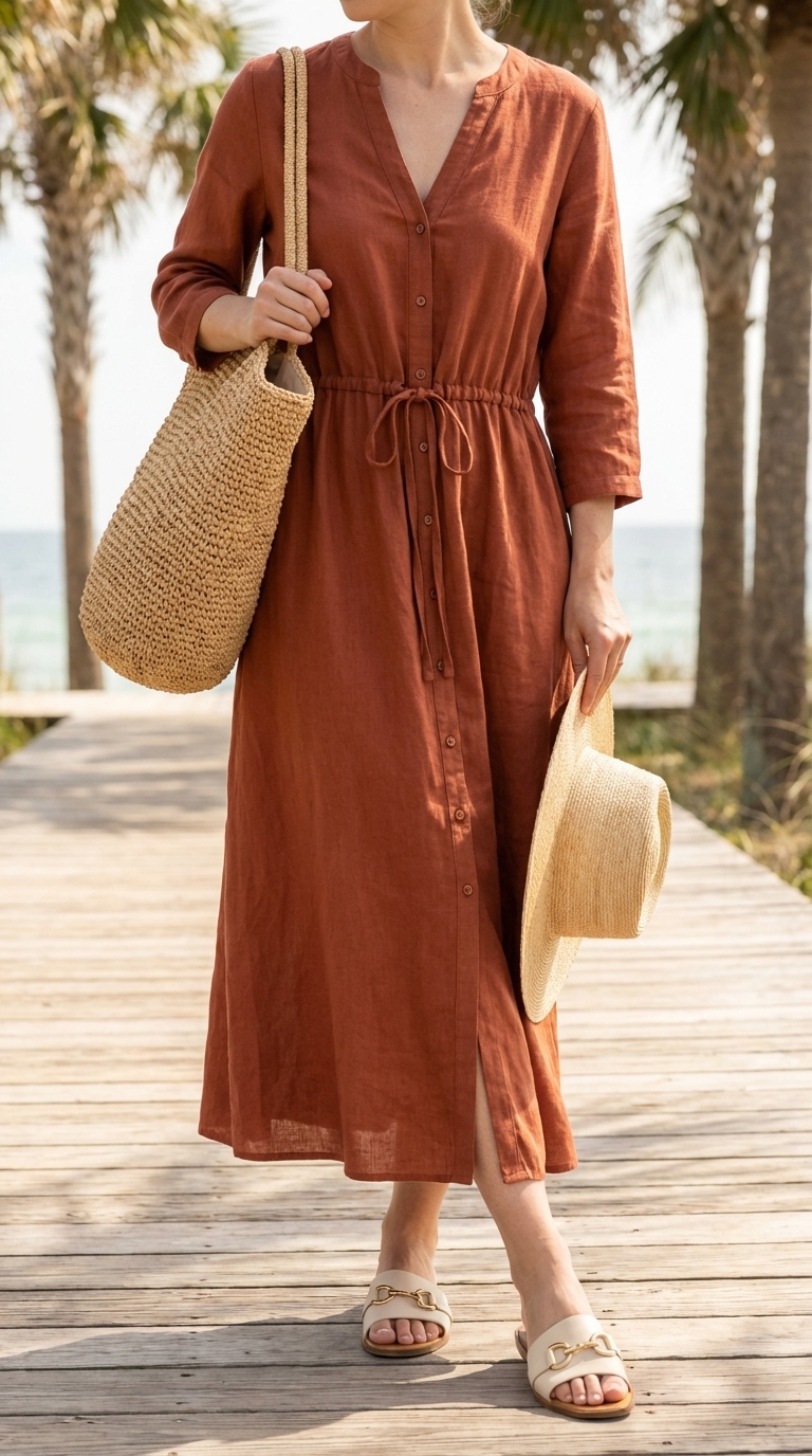 Effortless rust orange linen blend maxi birthday dress with button-front and tie waist, styled with white leather slide sandals, a wide-brim straw hat, and a large woven tote bag for a resort look. Explore vacation birthday dresses 2026.