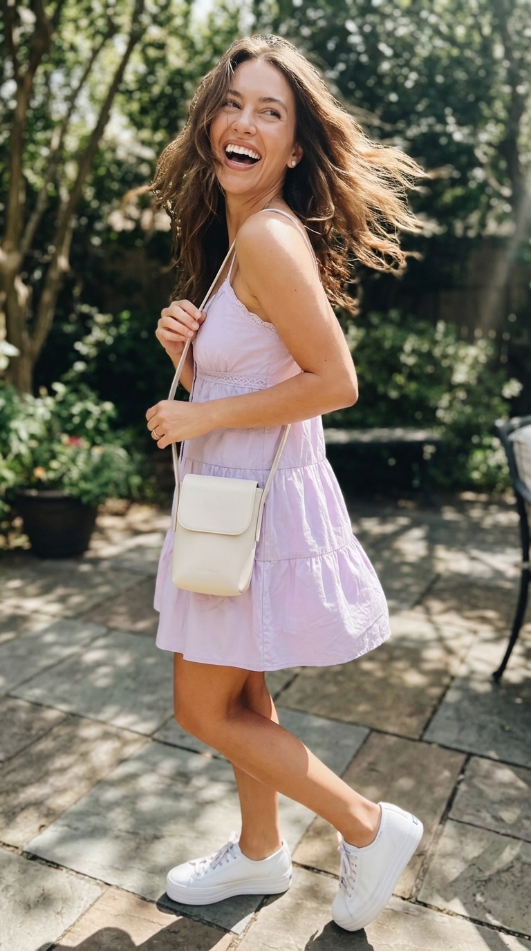 Playful lavender cotton babydoll mini birthday dress with a tiered skirt, styled with white platform sneakers, a cream crossbody bag, and pearl stud earrings, perfect for a casual birthday brunch. Discover cute birthday dresses 2026.