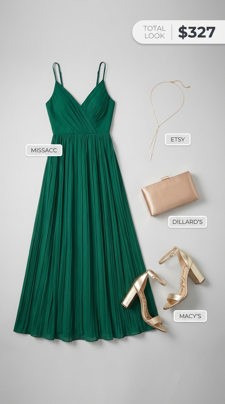 Regal emerald green birthday dresses 2026 for a formal event, featuring a V-neck maxi dress, metallic block heels, and a satin clutch.