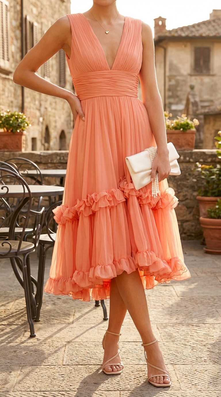 Romantic soft peach chiffon flowy midi birthday dress with tiered ruffles and V-neckline, styled with cream strappy heeled sandals, an ivory satin clutch, and a gold delicate pendant necklace, perfect for a romantic dinner. Explore feminine birthday dresses 2026.