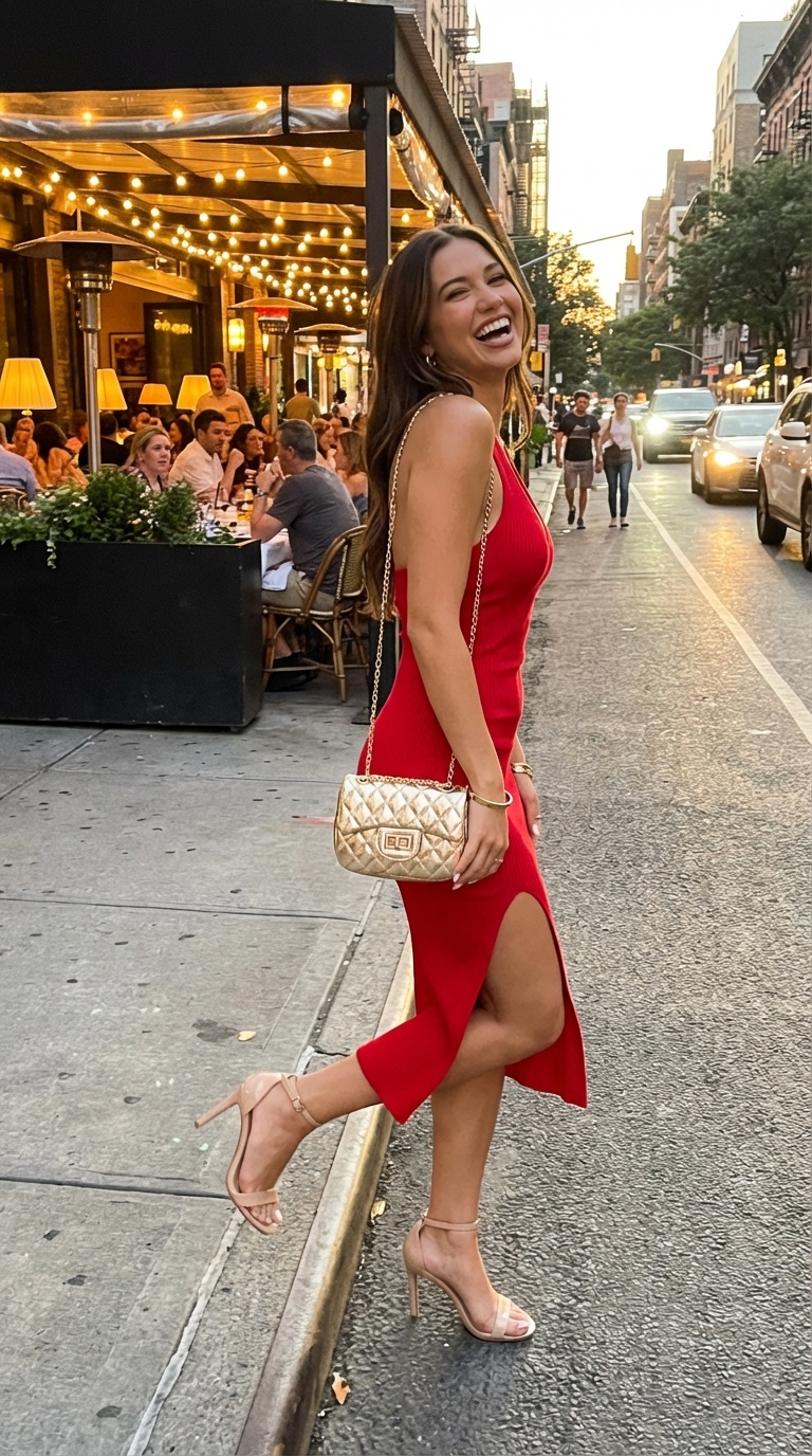 Sultry crimson red stretch jersey bodycon midi birthday dress with a side slit, styled with a gold chain-strap bag, thin gold cuff bracelet, and nude strappy high-heel sandals, perfect for a date night or clubbing. Discover bold birthday dresses 2026.