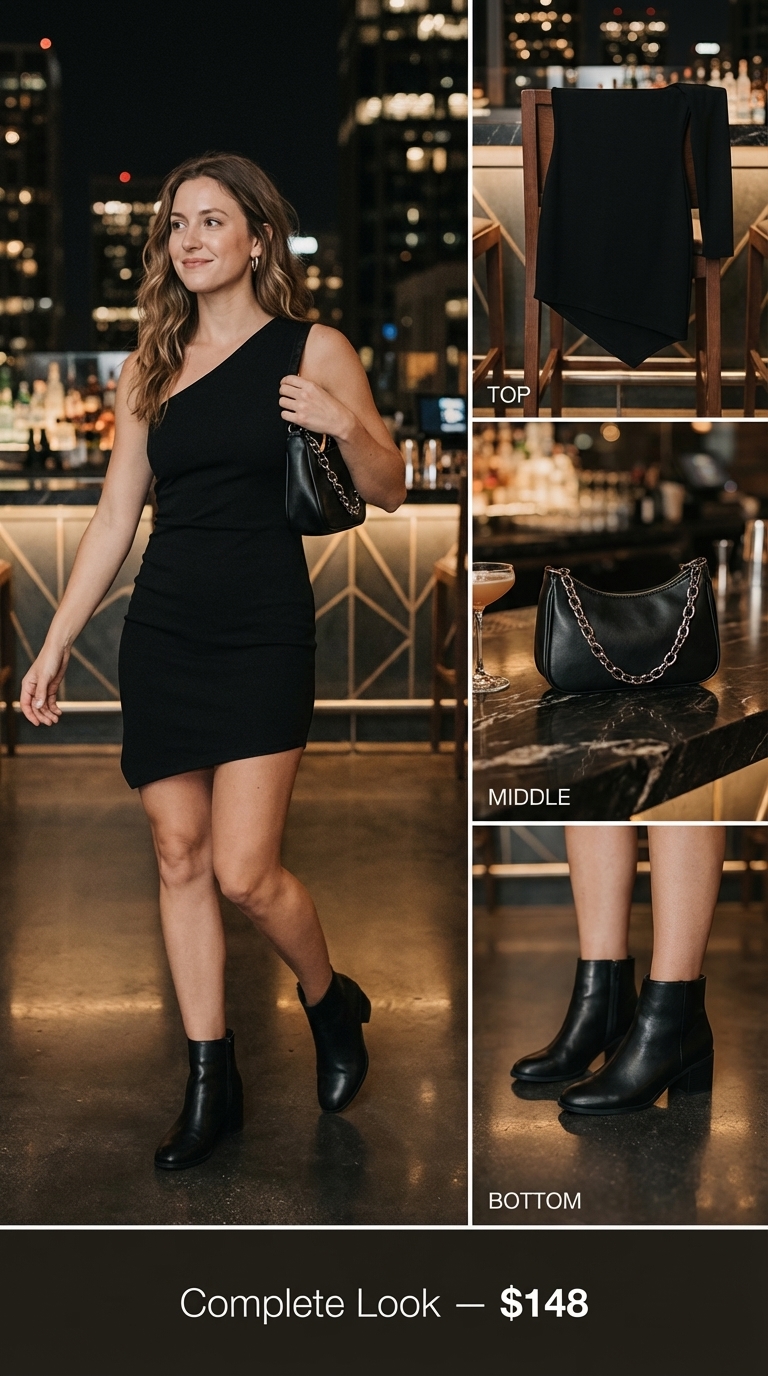 Edgy black ruched one-shoulder mini dress with black faux leather heeled ankle boots and silver hoop earrings for urban chic birthday dresses 2026.