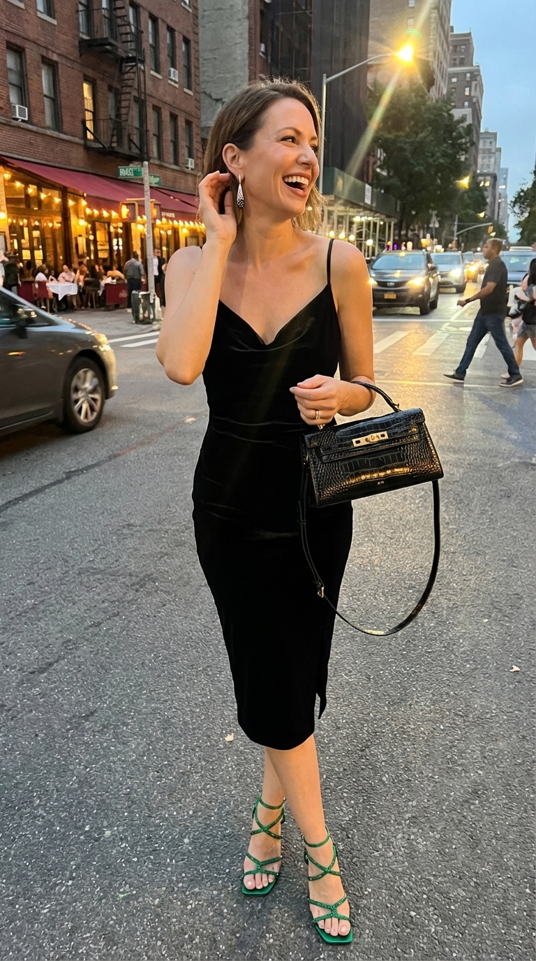 Elegant black velvet sleeveless midi bodycon dress with emerald green satin strappy stiletto sandals and silver dangle earrings, perfect for birthday dresses 2026.