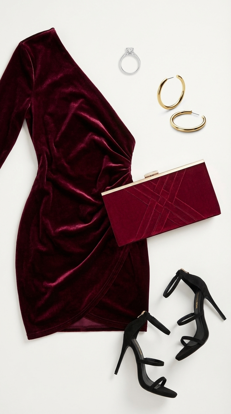 Glamorous burgundy velvet bodycon mini dress with black strappy stiletto heels and gold hoop earrings for stylish birthday dresses 2026.
