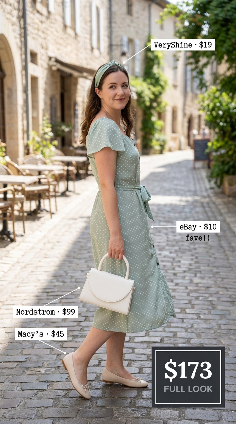 Elegant mint green with white polka dot A-line midi birthday dress, paired with a white top-handle bag and cream ballet flats, perfect for a vintage tea party. Find charming birthday dresses 2026 styles.