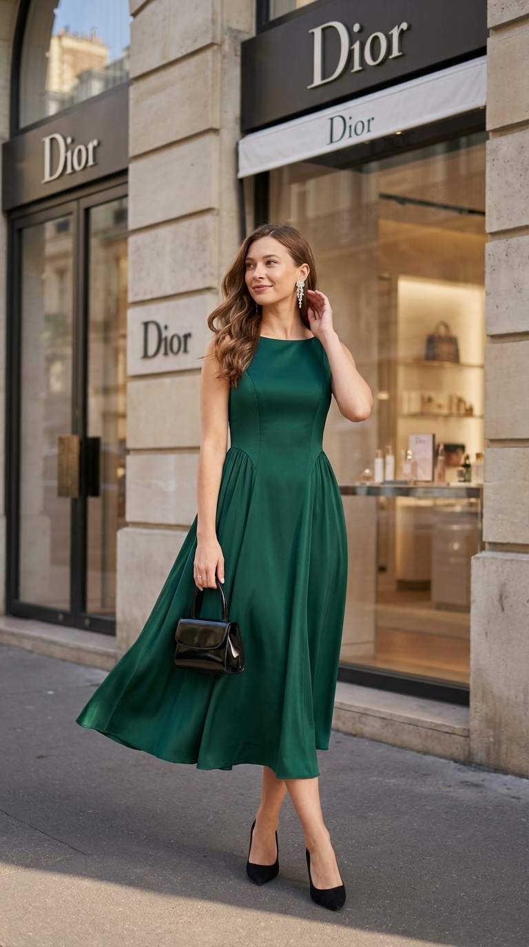 Vintage charm birthday dresses 2026 for a cocktail party, featuring an emerald A-line midi dress, black pumps, and a structured mini bag.