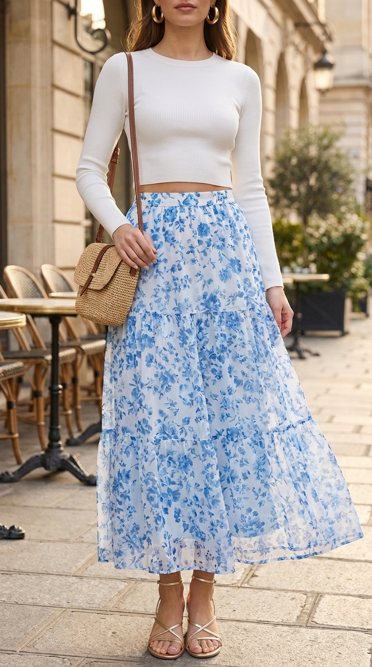 Elegant Amalfi Coast aperitivo ensemble featuring an azure blue and white print tiered maxi skirt, a white ribbed crop top, gold hoop earrings, straw bag, and flat sandals. Perfect Italian summer outfits.
