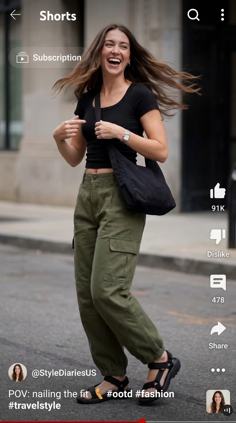 Adventurous khaki green cargo pants with a black ribbed crop top, sturdy walking sandals, and a small crossbody bag for Italian summer outfits in Cinque Terre.