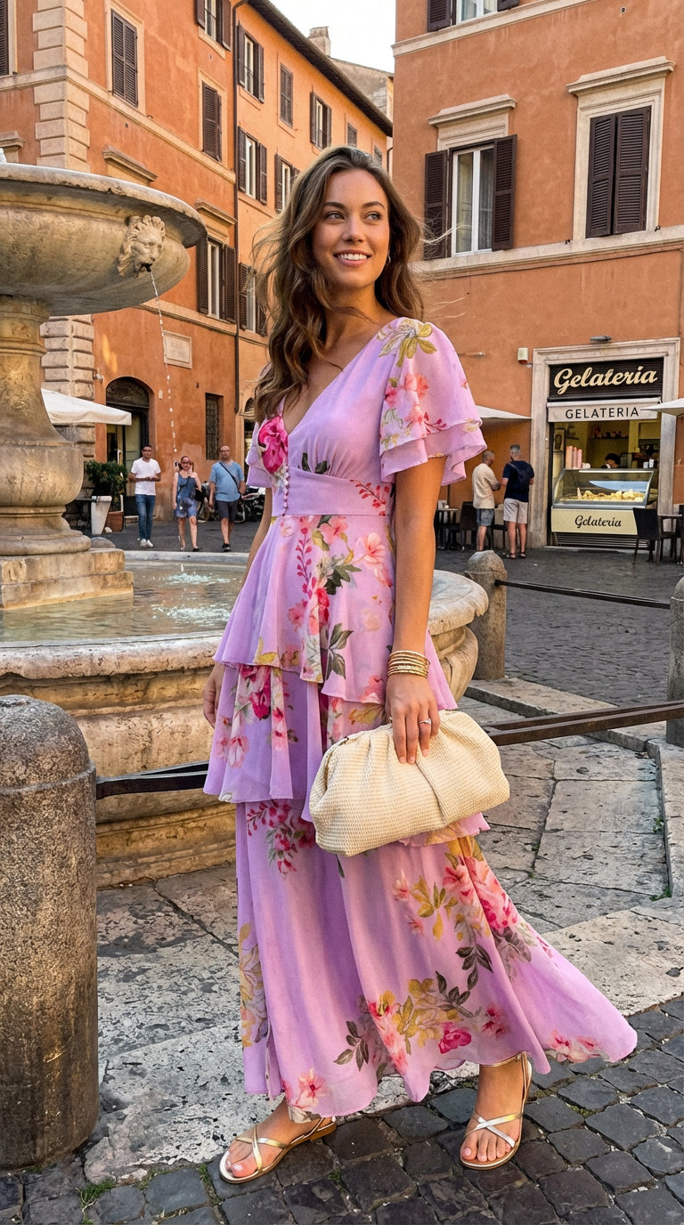 Romantic lavender floral maxi dress with gold flat sandals and a cream woven clutch, ideal for Italian summer outfits in Florence or museum visits.