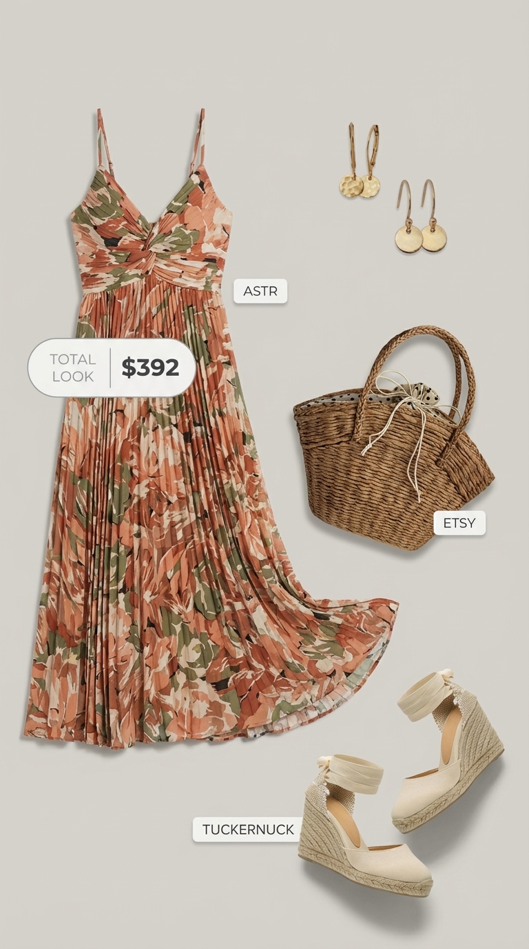 Romantic terracotta floral midi sundress with espadrille sandals, a woven straw tote, and delicate dangle earrings for Italian summer outfits vineyard escape.