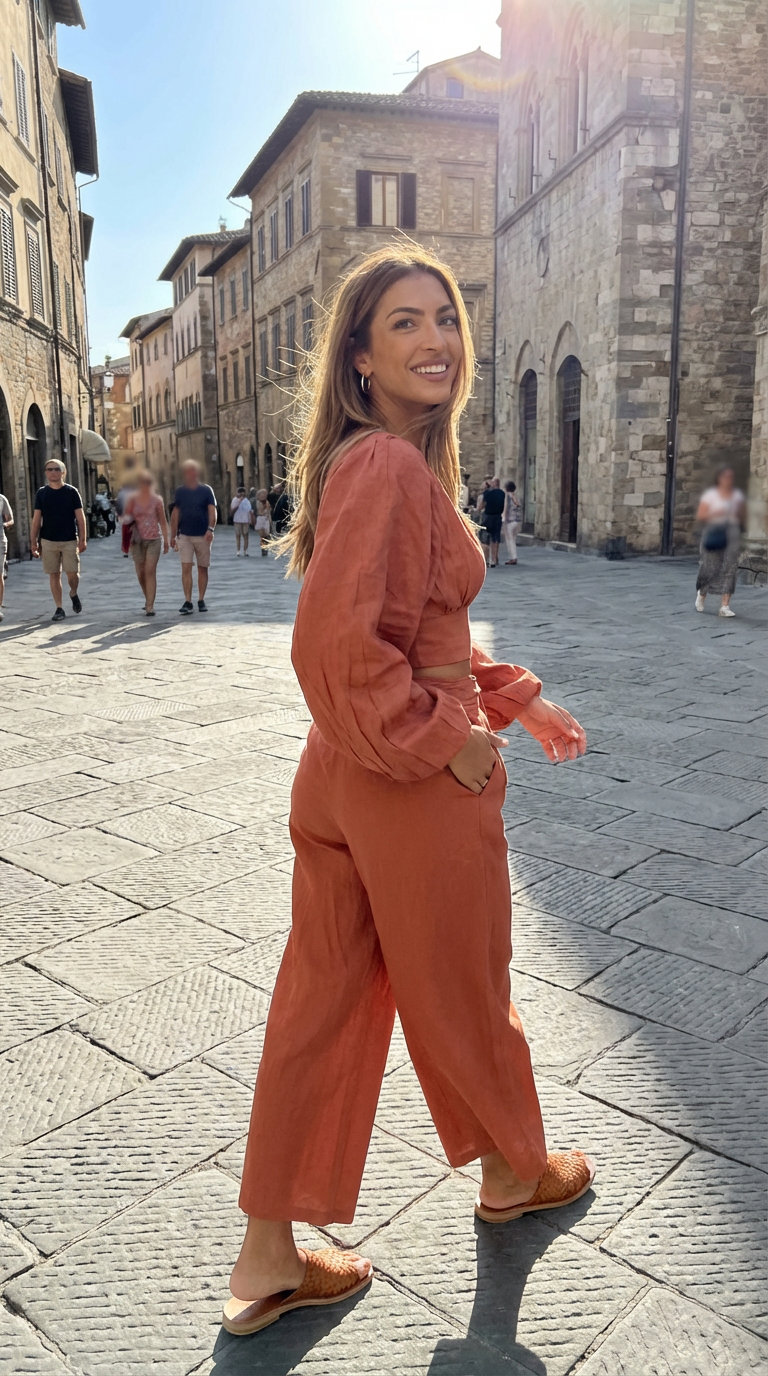 Effortless terracotta linen co-ord set with wide-leg pants and cropped shirt, cream camisole, leather slide sandals, and wicker bag for Italian summer outfits lunch.