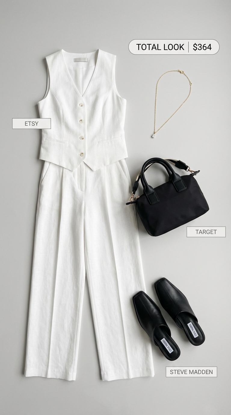 A modern summer corporate outfit: white linen blend sleeveless vest and wide-leg trousers co-ord set with black flat mules and a mini tote.