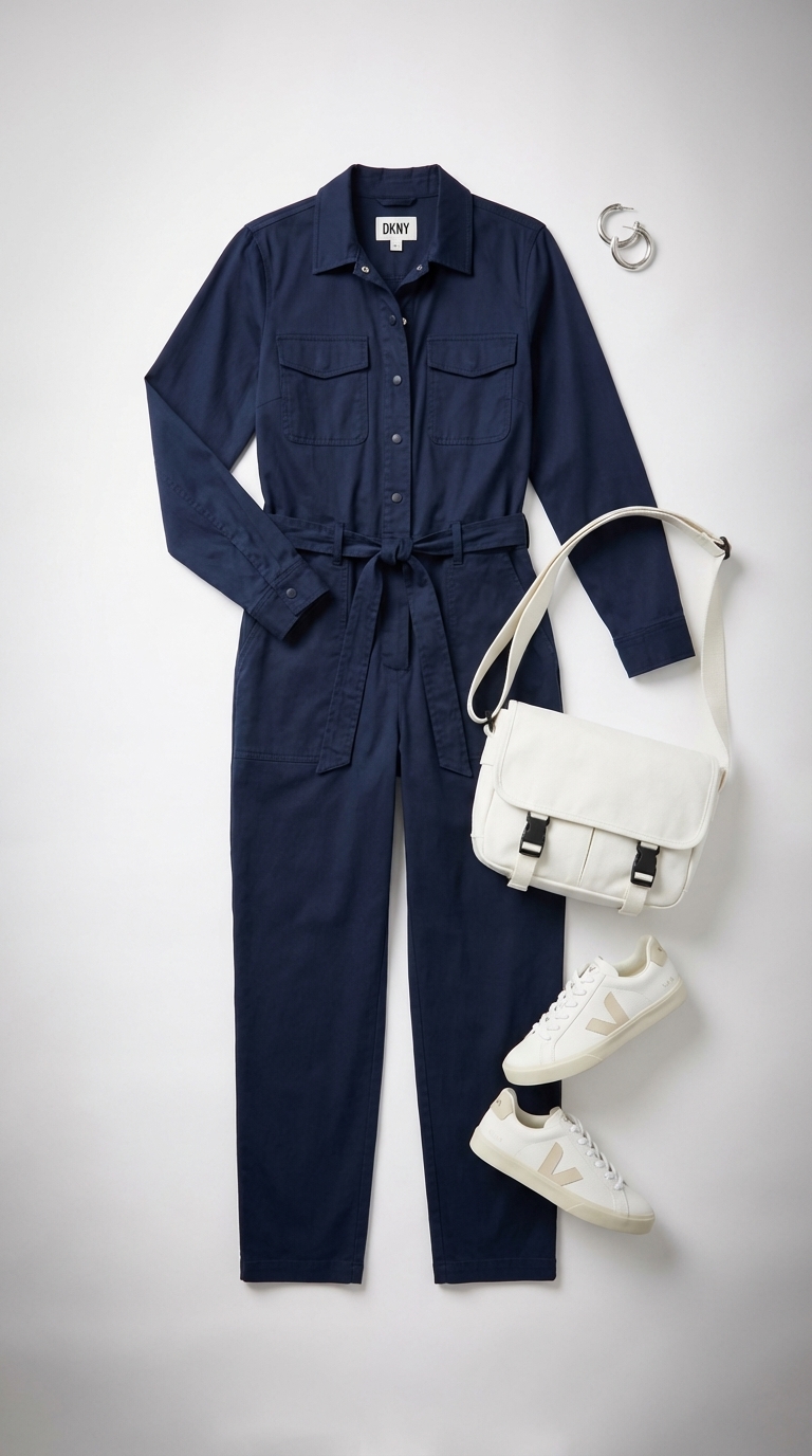 Comfortable summer vacation outfits with a navy utility jumpsuit, white sneakers, silver hoop earrings, and a white crossbody bag for city exploration.