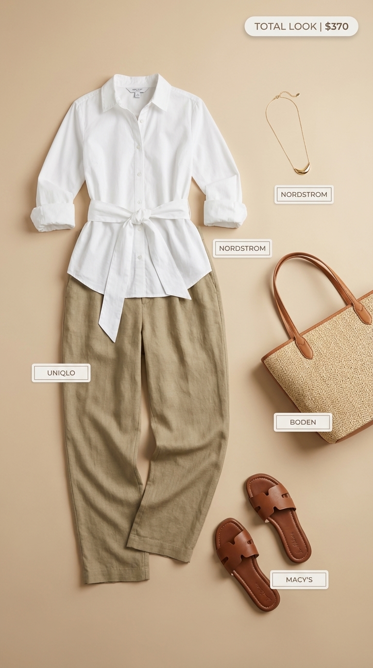 Relaxed summer vacation outfits featuring khaki wide-leg linen pants, a cream button-down, tan slides, and a large straw tote for daytime exploration.