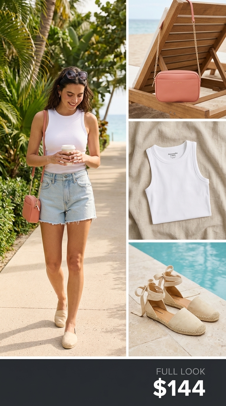 Chic summer vacation poolside outfit: white rib-knit tank, light wash denim shorts, espadrille sandals, coral mini bag, and cat-eye sunglasses. Perfect for resort days.