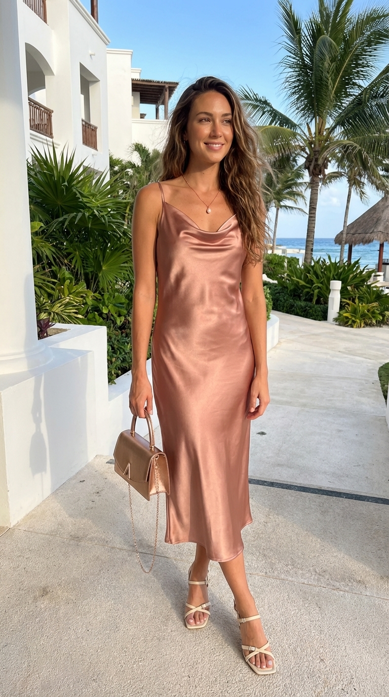 Elegant summer vacation evening outfit: blush pink silk slip dress, rose gold pearl necklace, rose gold mini bag, and cream stiletto sandals. Perfect for romantic dinners.