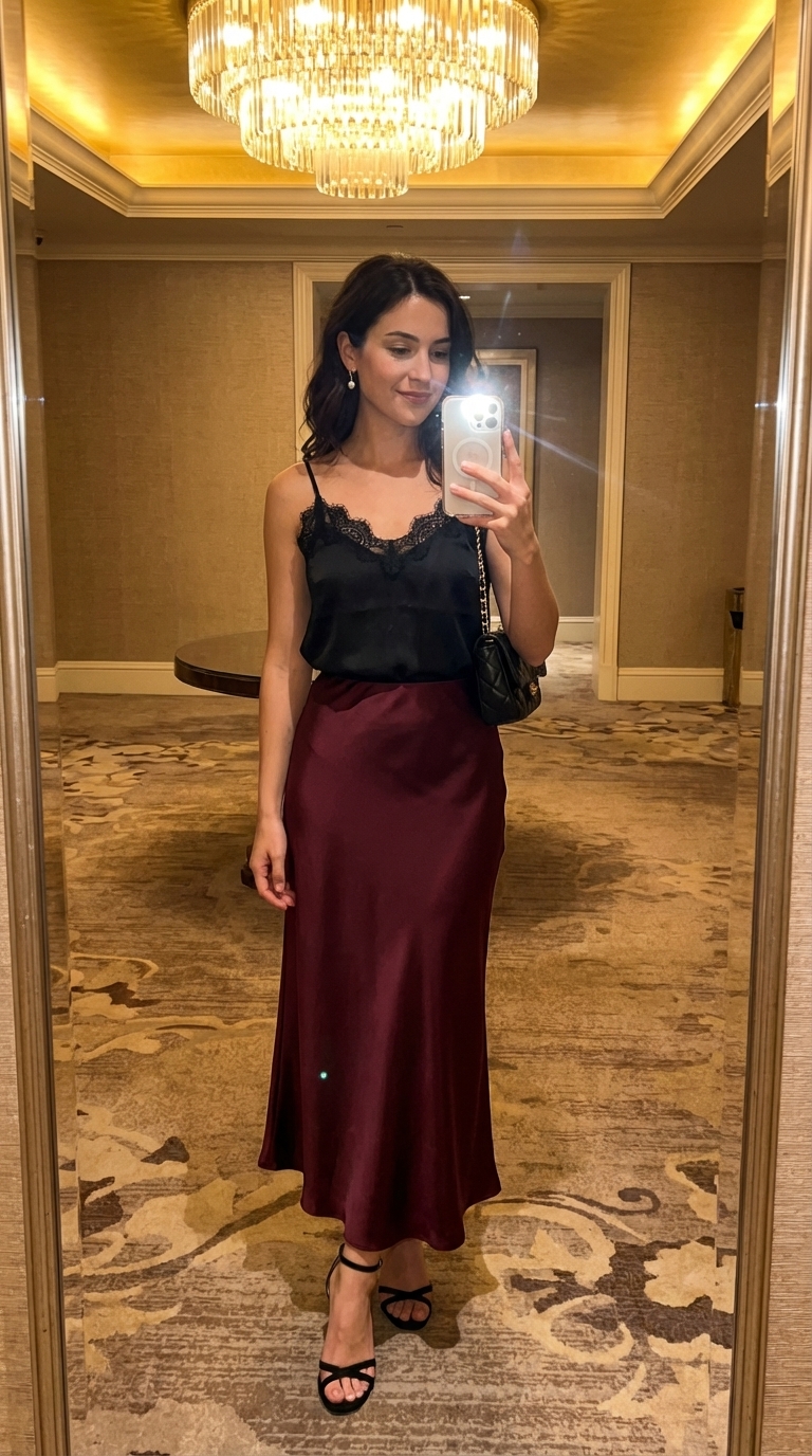Sophisticated summer vacation evening outfit with a deep burgundy satin midi skirt, black lace camisole, black high heels, and gold pearl earrings. For romantic dinners.