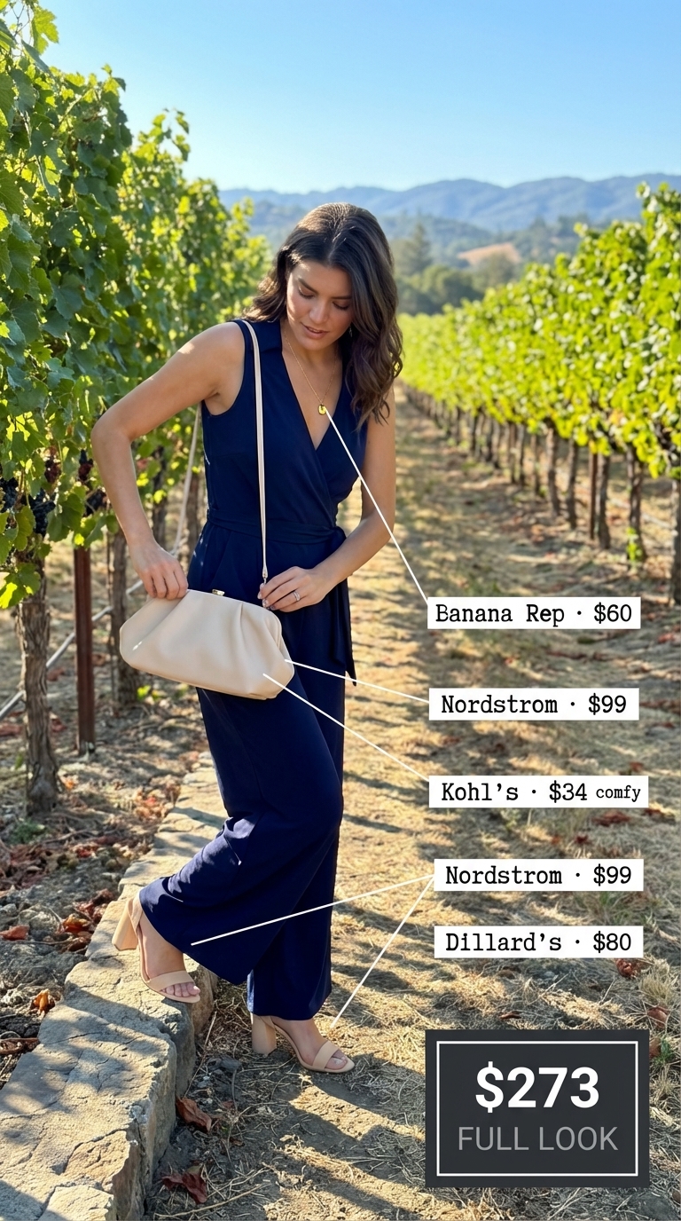 Sophisticated summer vacation outfits featuring a navy wide-leg sleeveless jumpsuit, beige block-heel sandals, gold necklace, and clutch for a vineyard visit.