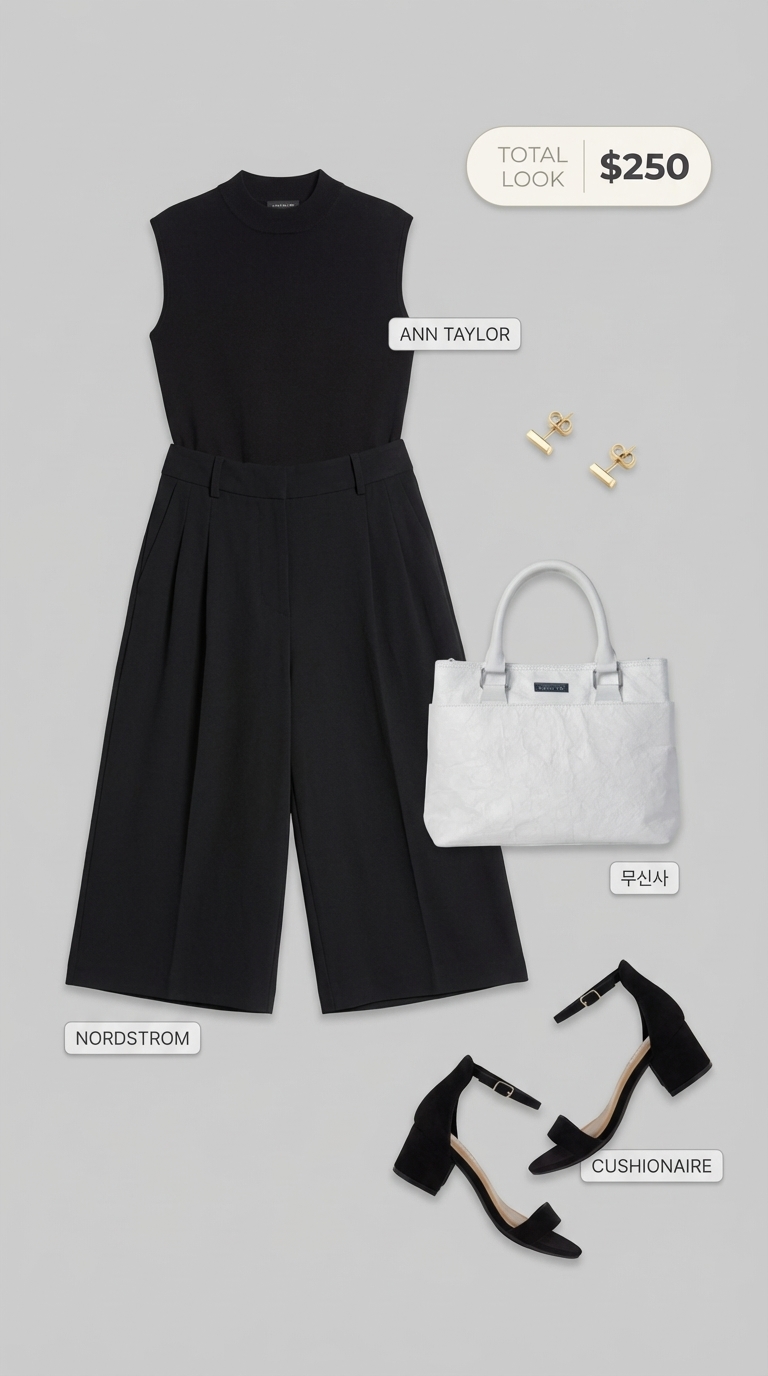 Monochrome Mastery: Elegant Office Culottes 2026 Sleek summer work outfit featuring black tailored culottes, a black sleeveless shell top, and black ankle strap sandals for office casual 2026.