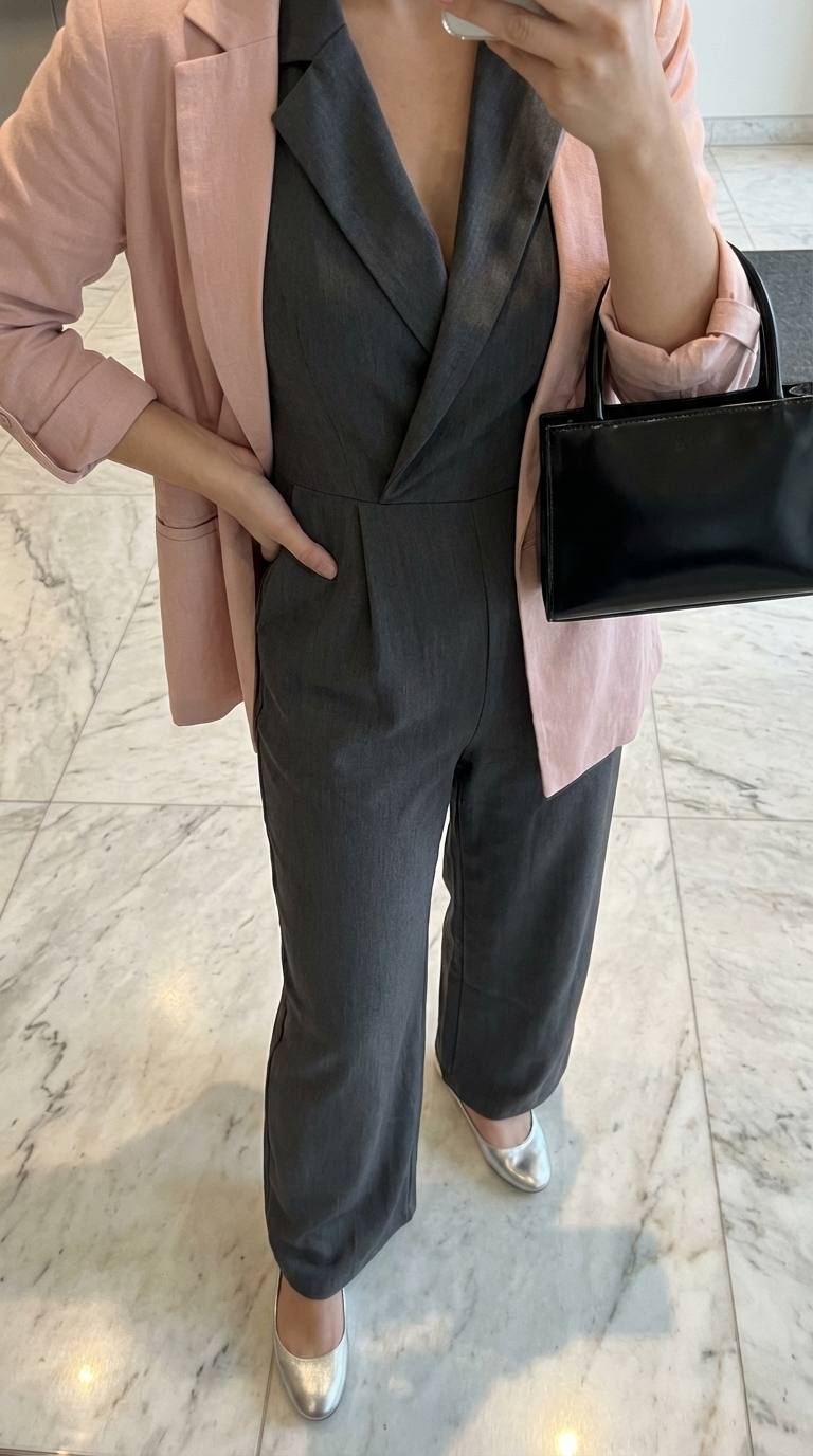 Polished Power Jumpsuit: Office Chic 2026 Streamlined summer work outfit featuring a charcoal grey tailored wide-leg jumpsuit, blush pink blazer, and silver flats for office casual 2026.