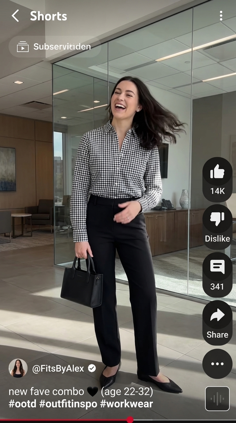 Gingham Charm: Summer Office Classic 2026 Classic summer work outfit featuring a black and white gingham button-down shirt, black trousers, and ballet flats for office casual 2026.