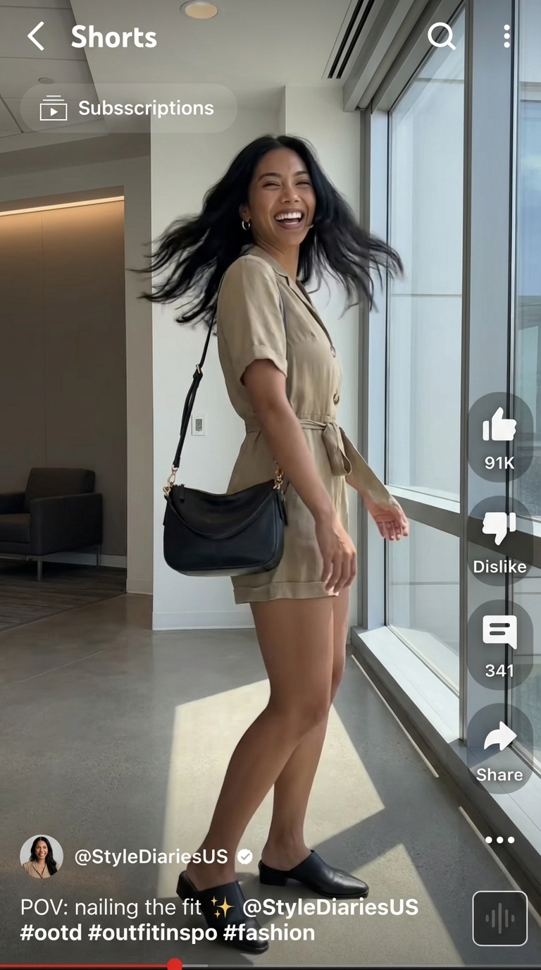 Relaxed Tailoring: Romper for Summer Office 2026 Effortless summer work outfit featuring a khaki linen blend tailored romper, black mules, and a crossbody bag for office casual 2026.