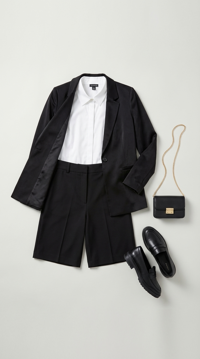 Smart Casual Power Play: Summer Office Style 2026 A woman in a black linen blend oversized blazer, crisp white button-down, black pleated Bermuda shorts, and leather loafers, presenting smart casual summer work outfits office casual 2026. A contemporary power play.