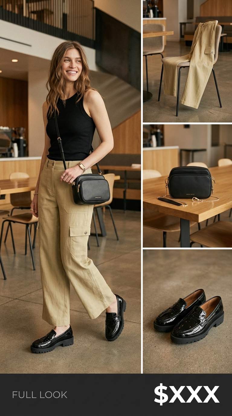 Elevated Utility for Casual Office Outfits 2026 A modern take on summer work outfits office casual 2026 featuring khaki green linen blend cargo pants, a black sleeveless tank top, and black leather loafers. This elevated utility look is practical for casual Friday.