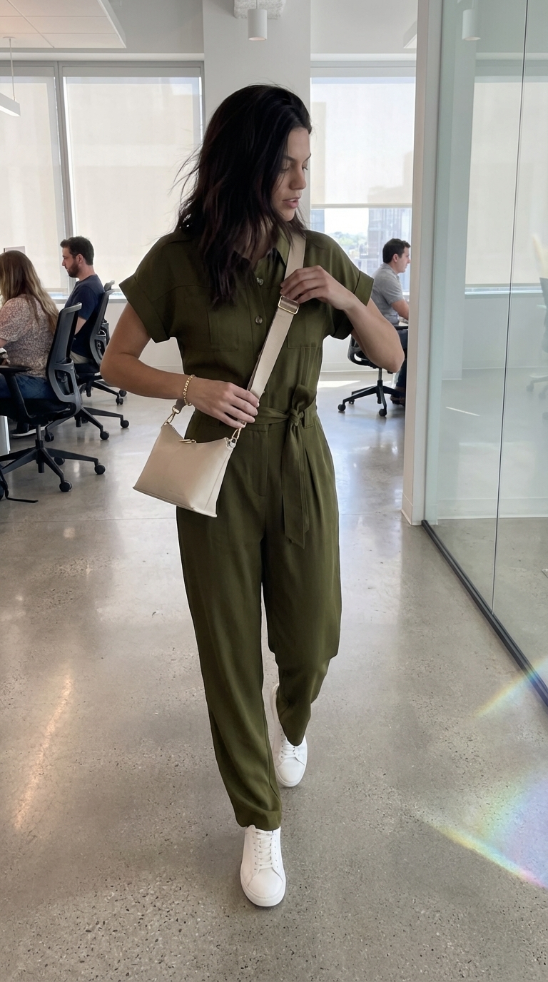 Effortless Jumpsuit Style for Summer Office 2026 An olive green Tencel utility jumpsuit paired with white sneakers and a cream crossbody, showcasing modern summer work outfits office casual 2026. Ideal for practical and chic office style.