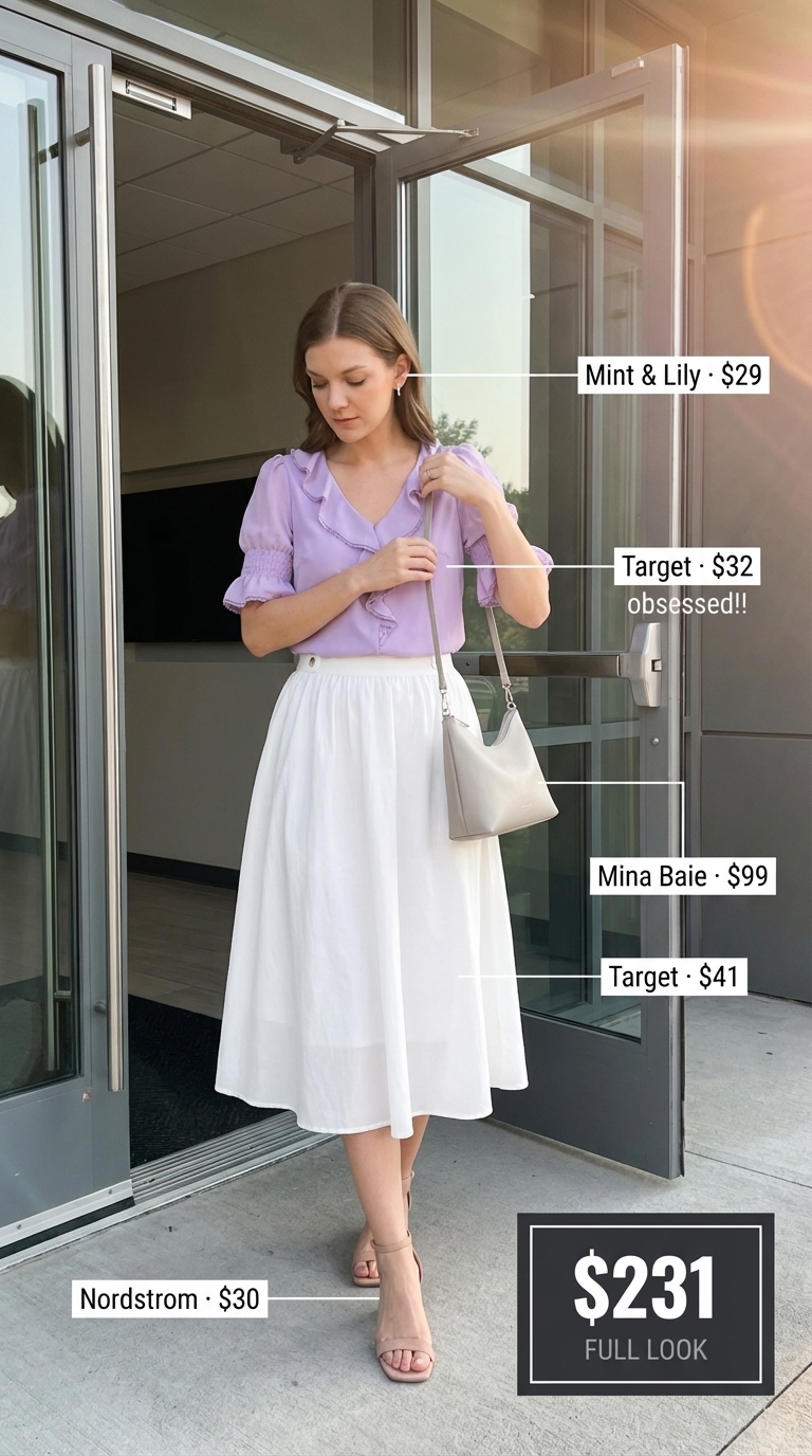 Cool & Collected Summer Work Office Outfits 2026 A soft lilac flowy V-neck blouse paired with a crisp white linen A-line midi skirt and nude strappy sandals, ideal for cool and collected summer work outfits office casual 2026. Feminine and light.