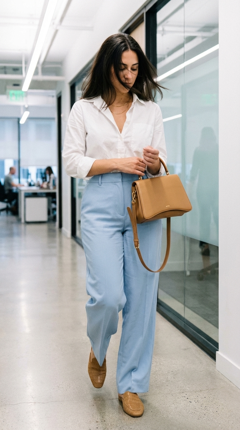 Modern Professional Summer Work Outfits 2026 A polished woman in light blue wide-leg trousers, a crisp white button-down, and tan flat mules, ideal for summer work outfits office casual 2026. This modern professional look includes a camel tote bag.