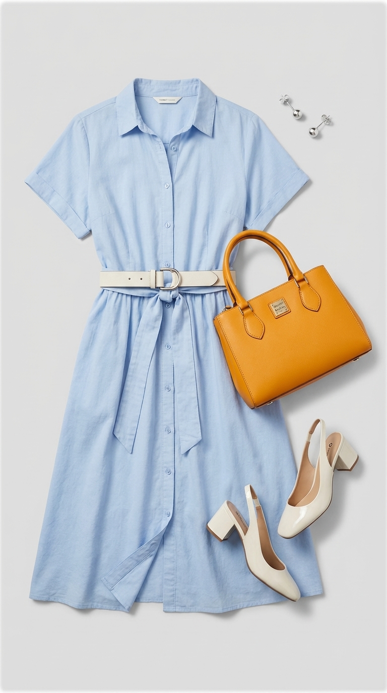 Effortless Chic Executive Summer Office Outfits 2026 A light blue Tencel midi shirt dress with a white belt and block-heel slingbacks, showcasing effortless chic for summer work outfits office casual 2026. This elegant look is perfect for the executive.