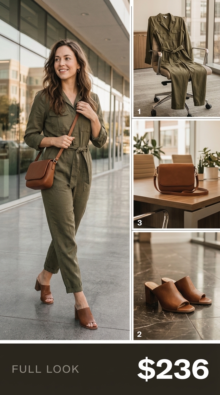 Modern Utility Chic: Summer Jumpsuit Outfits 2026 An olive green Tencel blend utility jumpsuit with a self-tie waist, styled with cream heeled leather mules and a brown crossbody bag for modern utility chic summer work outfits office casual 2026. Comfortable and practical.